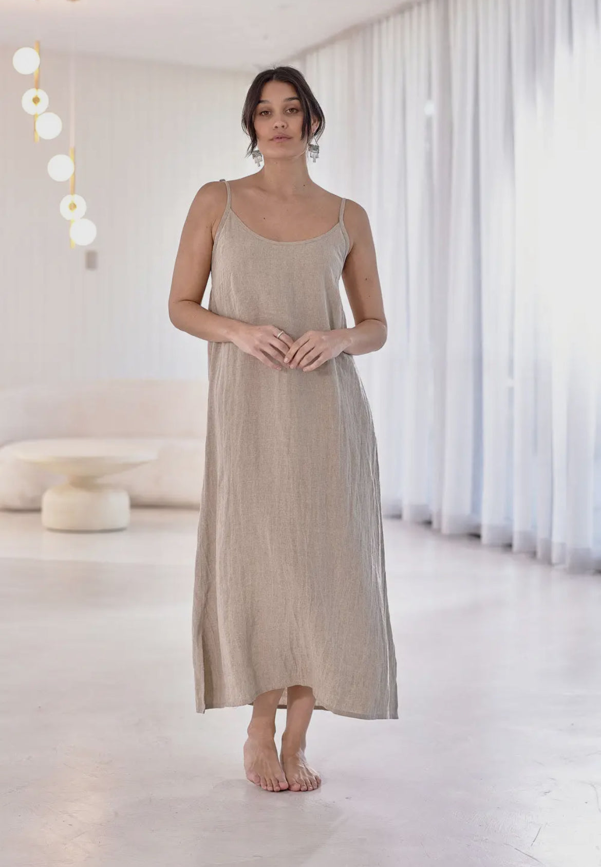 lining for linen dress Linen Blend Round Neck Lining Detail Pocket Dress with Frayed Hem